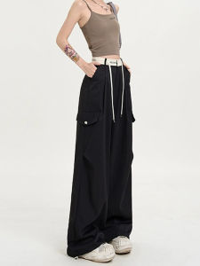 กางเกงขายาวทรงหลวมสไตล์อเมริกันสำหรับผู้หญิงไซส์ใหญ่ ทรงหลวม สีดำ กางเกงขายาวลำลอง ทรงหลวม สไตล์ฤดูร้อน