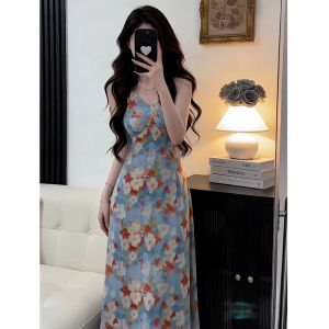 LIRENQING | Resort Blue Floral Halter French Waist-Cinching Long Dress