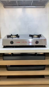 Lucky Flame เตาแก๊สตั้งโต๊ะคู่ หัวเตาไฟวน ทองเหลือง หน้าเตาสแตนเลส รุ่น AT-152