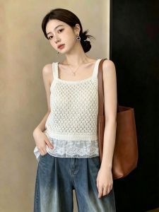 Slim Fit Lace Insert Hollow Out Knit Tank Top for Large Sizes