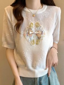 Oule ยี่ห้อ ฤดูร้อน สไตล์จีนใหม่ปักน้ําแข็ง ผ้าไหม เสื้อยืดแขนสั้นถัก ผู้หญิง หลวม Fit หวาน สไตล์คอกลม