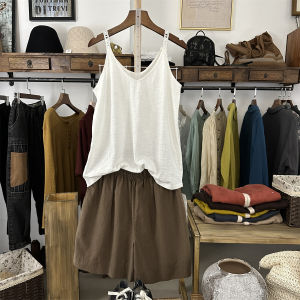 Summer Cotton Linen Womens New Style Bamboo Bud Cotton Strap Vest Loose Short Sleeveless Top White Retro Inner Wear