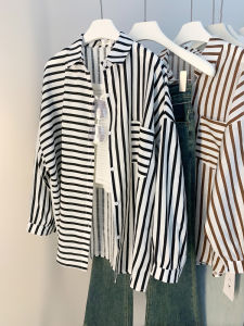 AMILUCK | Womens Stripe Chiffon Shirt Autumn 2023 Lightweight Maturity Hong Kong Style Versatile Design Sensation Thin Cotton Polyester Blend