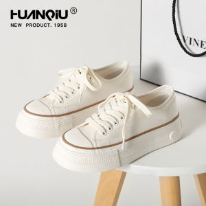 รองเท้าผ้าใบพื้นหนาสำหรับผู้หญิง ฤดูใบไม้ร่วง 2025 รองเท้าผ้าใบสีขาวแบบลำลอง ทรงหุ้มข้อต่ำ ทรงหัวมน วัสดุยาง