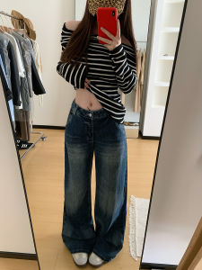 Luzai Loose Wide Leg Denim Jeans Deep Blue Texture Womens High Waist Straight Leg Long Pants Casual Style Faded Effect