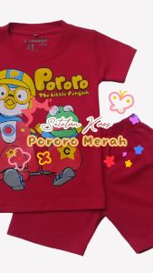 Setelan Kaos Anak laki Laki Seri Kartun Pororo Celana Pendek Anak Usia 1-6 Tahun Katun Warna Merah