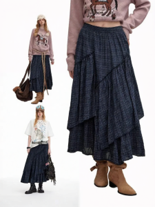 Unifree | Blue Vintage Plaid Asymmetric Design Long Skirt