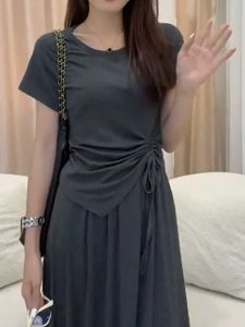 Pure Cotton Short Sleeve T-Shirt Women Summer plus Size Slimming Waist Hidden Belly Asymmetrical Hem Commute Korean Style