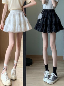 กระโปรงสั้นผ้าตาข่ายลูกไม้สีขาวเอวสูง กระโปรงทรงเค้กทรงเอ กระโปรงสั้นผ้าโพลีเอสเตอร์ กระโปรงสั้นทรงเอสไตล์เกาหลี