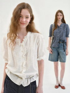 Fano | Áo Blouse Nữ Mới Hè Tay Ngắn Thêu Ren Cổ V Ruffle