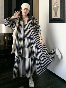 Spring 2025 Womens Casual Striped Dress Set Loose Korean Style Long Skirt Two-Piece Suit Commute A-Line Skirt V-Neck Long Sleeve