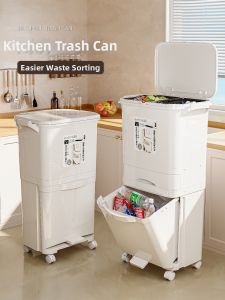XINGYOU | Home Use Double-Layer Tall Hands-Free Kitchen Bin Wet and Dry Separation Japanese Style Mobile