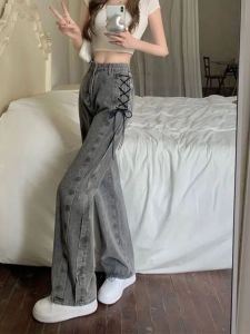 Stylish Niche Style Lace-up Denim Female 2024 Spring/Summer High Waist Loose Straight-leg High Street Ins Tide Wide-Leg Pants