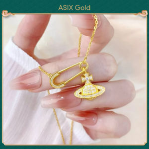 ASIX GOLD 916 gold pin necklace classic diamond-set paper clip necklace 18K gold niche design high design versatile womens necklace Lucky necklace Wont blacken Wont peel Wonderful wedding holiday gifts