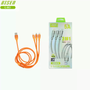 BISEN G‑863 3‑in‑1 5A Fast Charging USB Cable 1.2M Nylon Braided Multi‑Tip Power Cord For Lightning For iPhe / For Type‑C / For Micro‑USB Android Smartphones