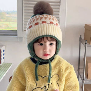 Fluffy Fur Ball Baby Knitted Hat Winter Warm Kids Earmuffs Cap 3-6year Boy Girl Woolen Crochet Bonnet Fashion Children Beanies
