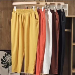Womens Cotton Linen Pants Elastic Waist Vintage Trousers Lady Loose Casual Pants Retro Literary Nine Point Cotton Pants