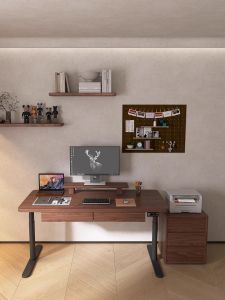 Electric Height Adjustable Standing Computer Desk Double Motor Solid Wood Black Walnut Desktop with Storage Drawer Movable