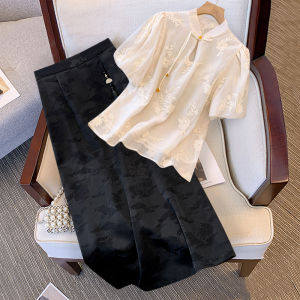 Fashionable Large-Size Womens Summer Outfit: Shirt Dress Two-Piece Set Casual Elegant Chic Chinese Style for Birthday Parties