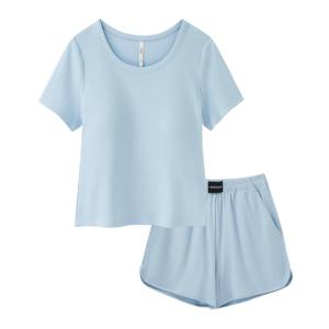 YOUKESHU | Summer Thin Short Sleeve Vest Womens Padded Home Clothes Set Round Neck Pure Color Home Leisure Comfortable Breathable Nightgown