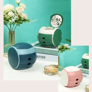 Hộp đựng trang sức lưu trữ phụ kiện hình cầu có gương 3 ngăn kéo và giá treo đồ nữ trang chất liệu nhựa cao cấp