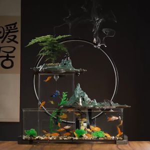 Bể cá decor phong thủy thác nước chảy với kính cường lực chống vỡ kết hợp đèn led vòng ảo diệubể nuôi cá