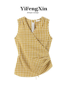YIFENGXIN | Korean Style V-Neck Check Waist-Fit Sleeveless Shirt