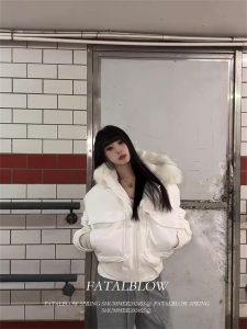 Womens down Cotton Jacket Short Fit Waist Pulling White Fur Collar Hooded Workwear Outerwear Autumn Winter New Style Small Size