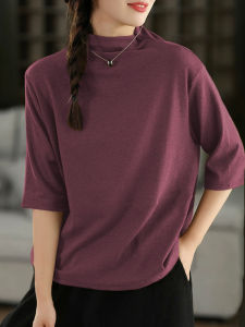 Spring Summer New plus Size Loose Casual Cotton Five-Quarter Sleeve T-Shirt Womens High Neck Top Slimming Base Shirt