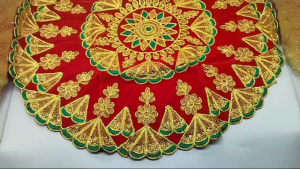 Traditional Handcrafted Red Round Velvet Designer Aasan Pooja Cloth Mat Mandir Temple | Home | Office | Base Chowki Thali Placement (Size - 16 * 16 inch | Pack of 1 pc)