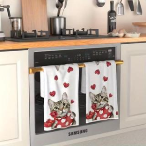 2-Pack Modern Polyester Kitchen Towels Super Absorbent with Cartoon Cat and Heart Design Machine Washable and Reusable Hand Towels Suitable for Home\Kitchen\Bathroom\Car\Window Cleaning - Soft Knitted Cloth Napkins Valentines Day Decoration
