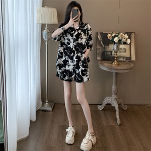 Loose Casual Sportswear Set for Women plus Size 300 Pounds Short Sleeve T-Shirt Shirt Short Pants Slimming Effect Ink Wash Painting