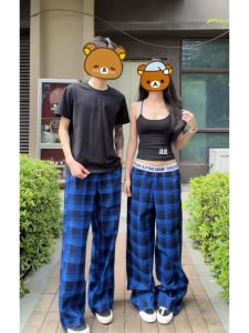 Vintage Blue Plaid Pants Wide Leg Trousers