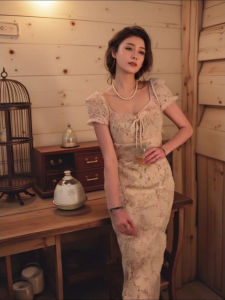 White Lace Halter Neck Summer Dress Wedding Proposal Birthday Design Polyester Fabric Straight Cut Slim Fit Three Quarter Sleeve