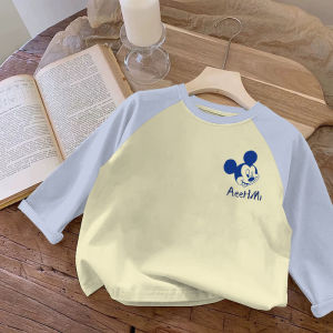เสื้อยืดแขนยาวผ้าฝ้ายสําหรับเด็กชายและเด็กหญิงการ์ตูนมิกกี้ตัวอักษรพิมพ์มีสไตล์ลําลองเสื้อเบสอเนกประสงค์หลากสี