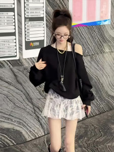 Autumn 2025 Womens Long Sleeve Sweatshirt Lace Neck Hanging Shoulder Design Two Piece Set Casual Comfortable Loose Fit Streetwear