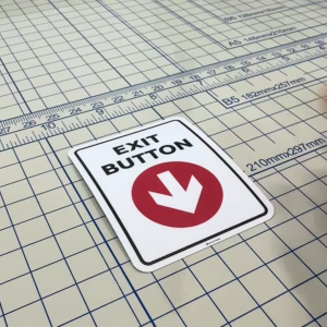 Exit Button Arrow Sign. Up Down Left Right Pointing Direction. Sticker Sign Signage Notice Label. Go Out Outside.