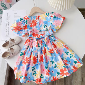 Bear Leader Girls Dresses 2023 Summer New Baby Girls Colourful Floral Short-sleeved Dress 3-7 Years Old Kids Clothing