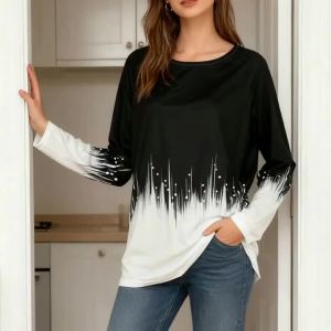 Printed Design autumn and winter styles Black White Gradient Drip Pattern casual style ladies long top
