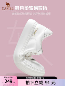 Camel Womens Casual Shoes Classic Thick Bottom Leather Slip-On round Toe mid Heel Deep Mouth Rubber Outsole Solid Color