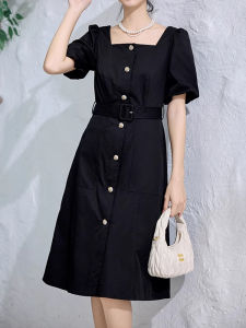 WANGGONGZHU | Princess Style Summer New Fashion Square Collar Bubble Sleeve Midi Dress Slimming Cotton Blend High Waist H-Line Dress