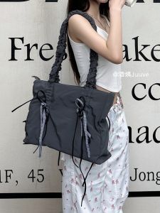 Juuye Korean Style Butterfly Knot Folded Tote Bag Large Capacity Handbag Single Shoulder Bag Casual Pure Color Nylon Bag