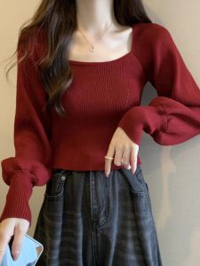 Red Square Collar Short Knitted Base Shirt Women Autumn Winter Card Waist Sweater Anti Aging French Style Long Sleeve Top