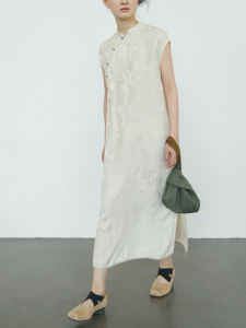 New Chinese Style Bamboo Leaf Embroidery Stand Collar Improved Cheongsam Zen Style Side Button Tea Costume Sleeveless Dress Summer