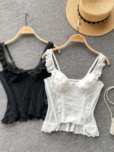 Pure Desire Spicy Girl French Court Style Strap Vest Women Early Autumn Inner Elegant Lace Splice Mesh Fishbone Top