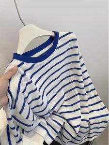 Áo Thun Dệt Kim Chống Nắng Màu Xanh Sọc Mỏng Mùa Hè Cho Nữ Tay Dài Ngắn Thường Xuyên Thường Ngày Thoải Mái Thoáng Khí