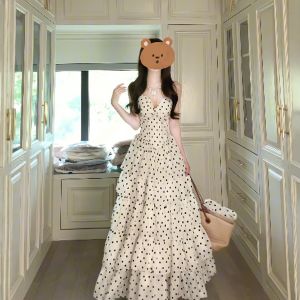 CHANGTONG | V-Neck Dotted Tulle Strap Dress
