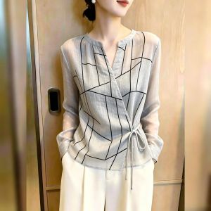 KUNAILIN | Design Geometric Stripe V-neck Slimming Belted Womens Shirt Grey