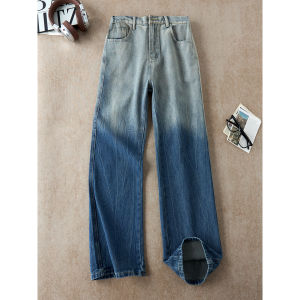 OUMULONG | American Gradient Lightening Stripe Denim Jeans Breathable Loose Fit Straight Pants