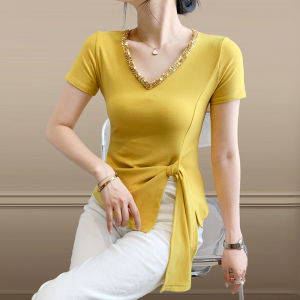 YIMEI Ribbon Sequin V-neck Cotton Top: The Perfect 2025 Summer Fashion